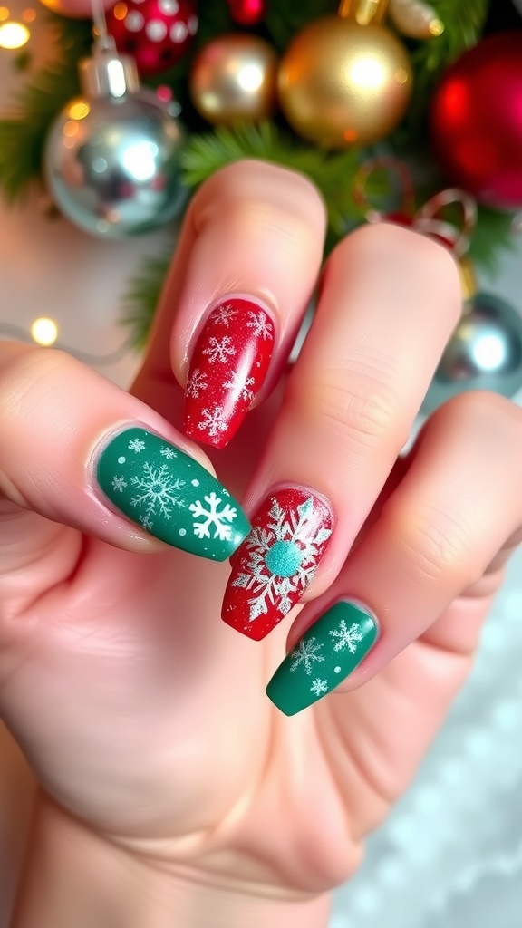 Festive Winter Christmas Nail Designs Festive winter Christmas nail designs with red and green polish, snowflakes, and glitter.